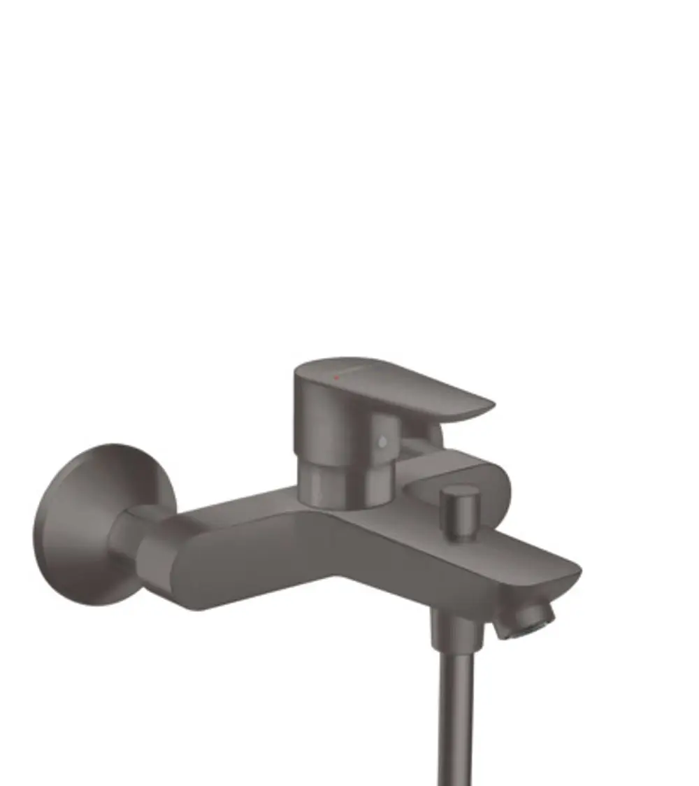 Ein embeddeter Wannenmischer in Brushed Black Chrome von Hansgrohe, mit einem Hebel zur Temperaturregelung und einem Anschluss für den Wasserstrahl.